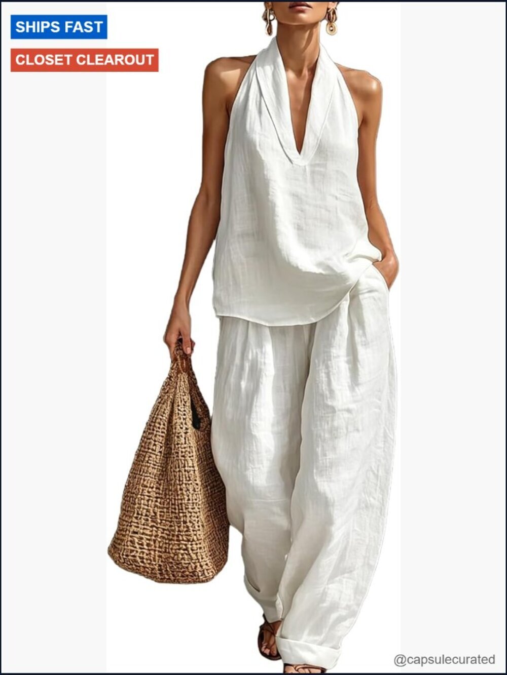 Linen 2 Piece Set Sleeveless V Neck Top Wide Leg Pants Loose Fit Outfits